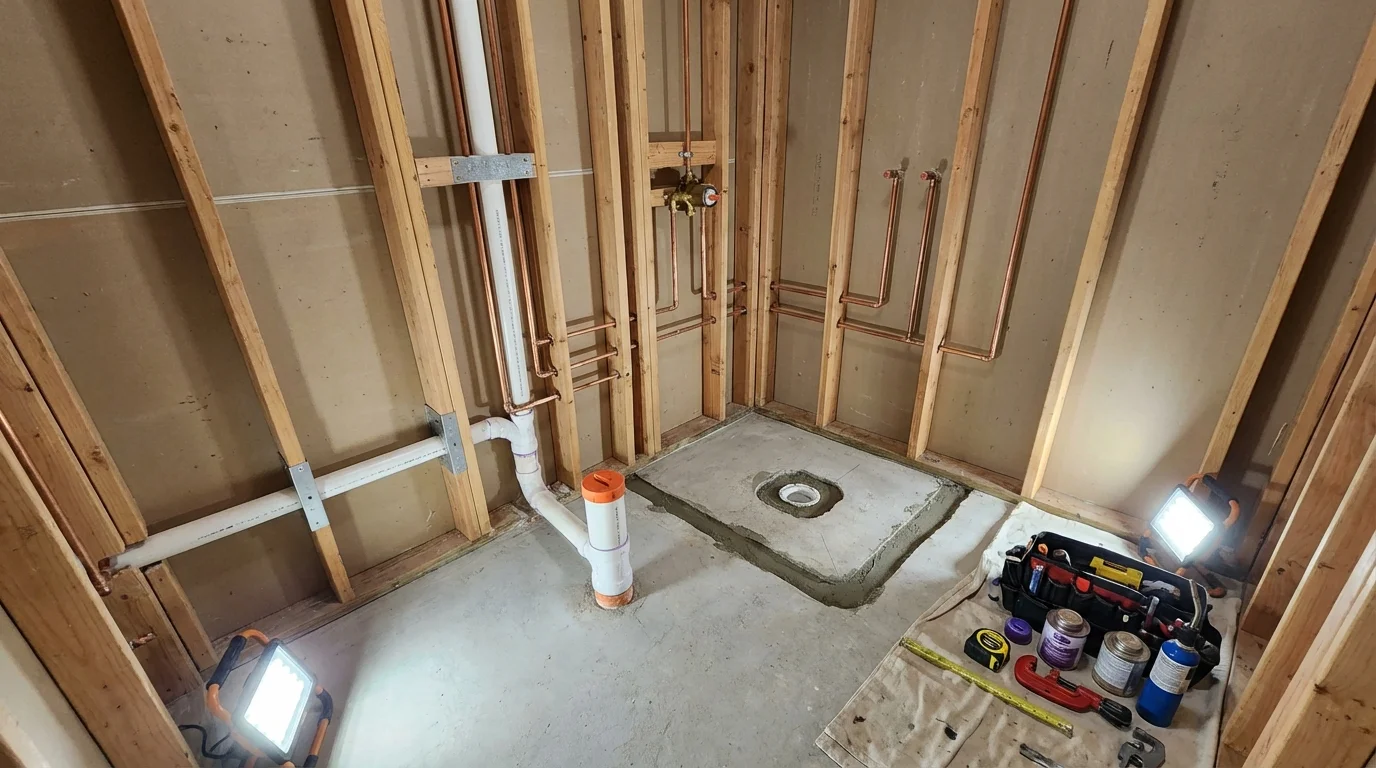 Bathroom rough-in plumbing during remodel by Johns Plumbing LLC in Los Alamitos