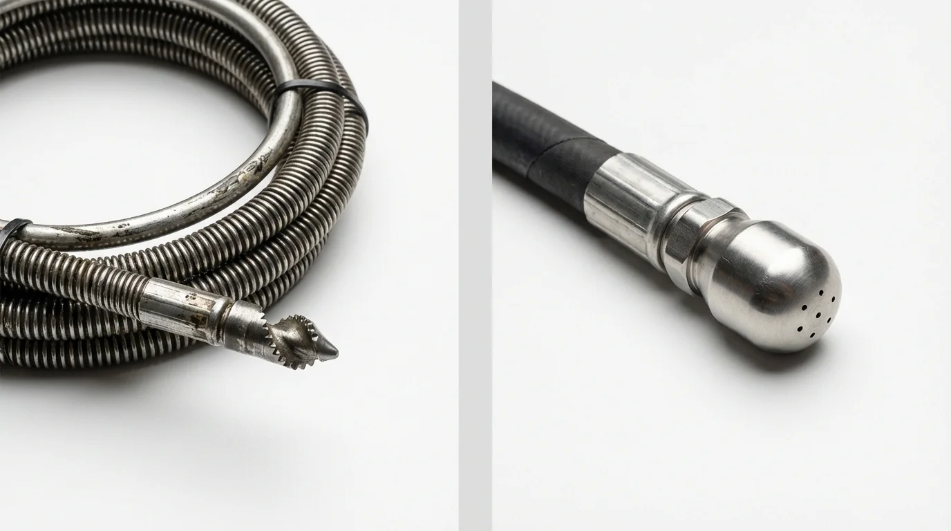 Drain snake cable and hydro jetting nozzle used for drain cleaning in Los Alamitos, CA