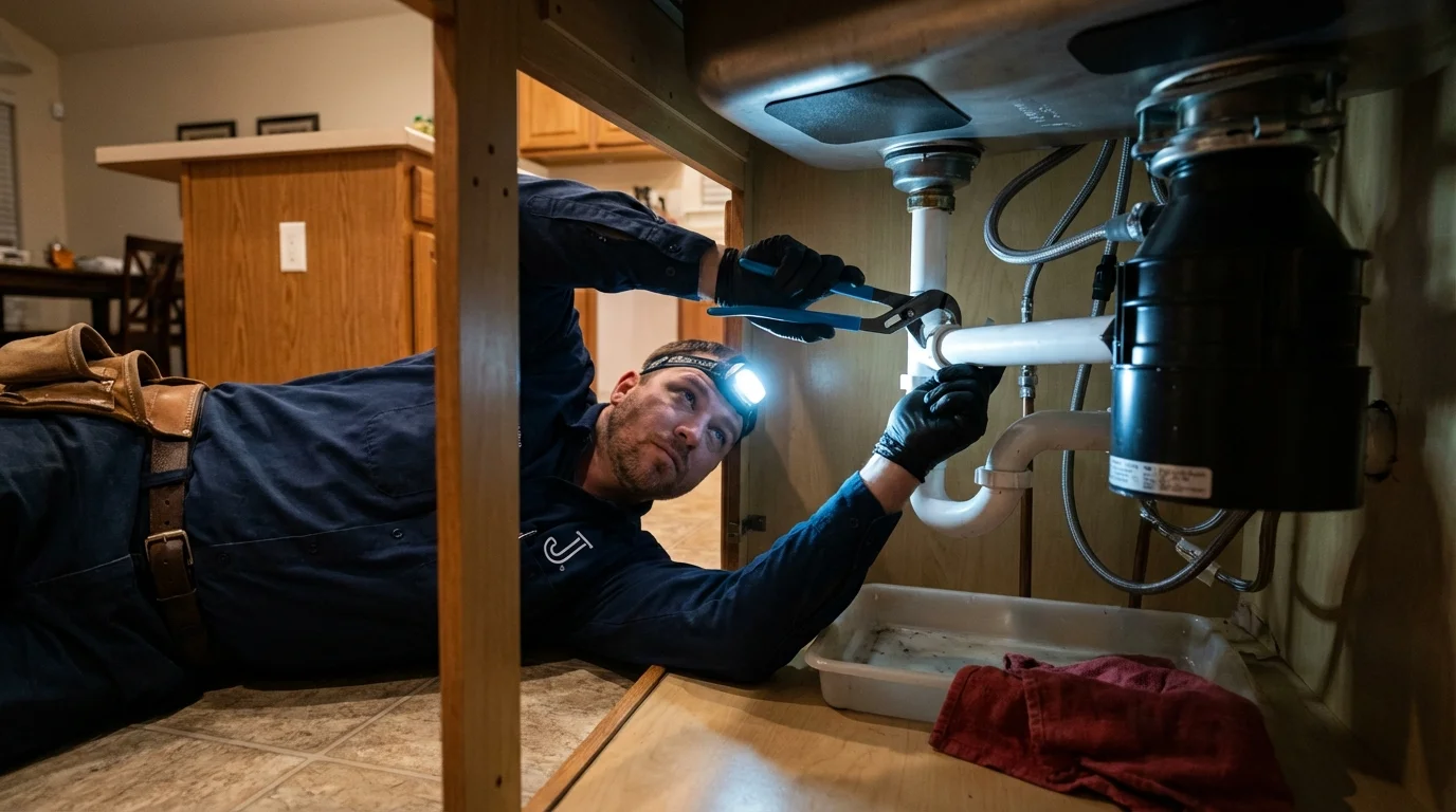 P-trap and supply line connections under a kitchen sink showing a common leak point in Los Alamitos, CA